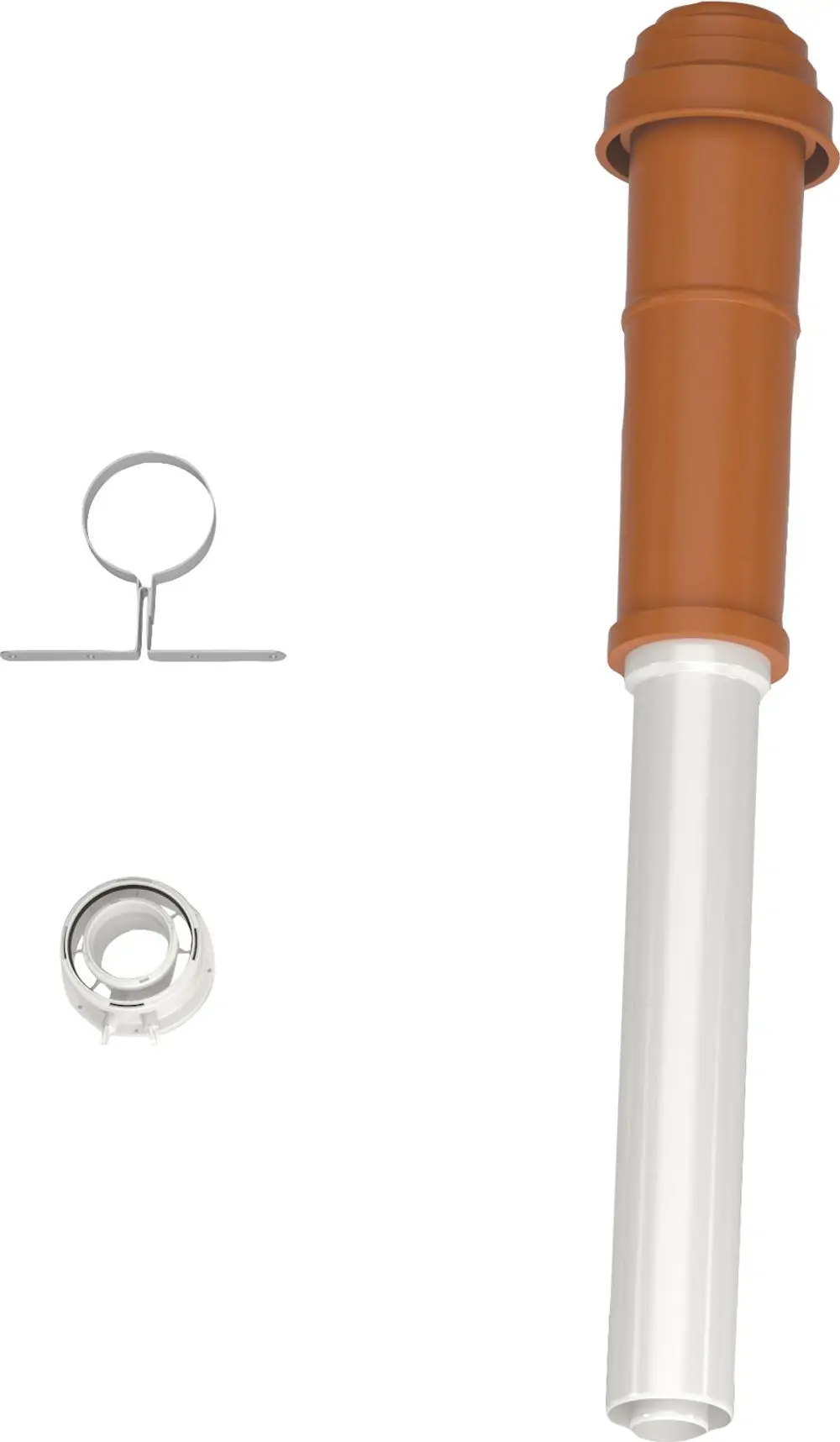 Komponenten eines Abgaszubehörsets von Bosch, bestehend aus einem orangefarbenen Rohr mit Verbindungsteil und einer metallenen Halterung sowie einem weißen Anschluss.